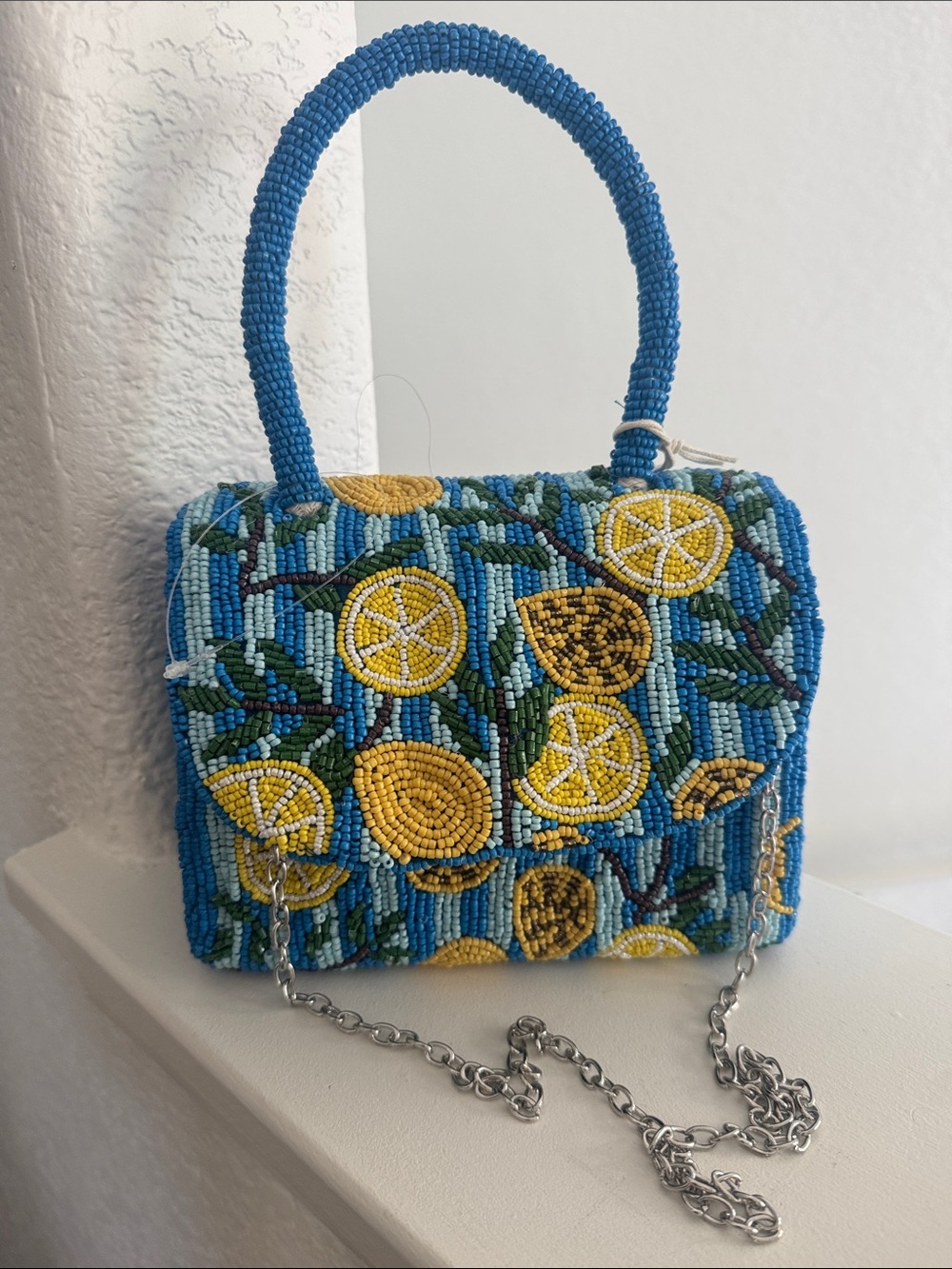 Sol & Mer Blue Beaded Mini Top-Handle Bag with Lemon Motif - Picture 4 of 4